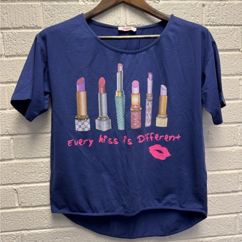 Blue Graphic Tee with Lipstick Design